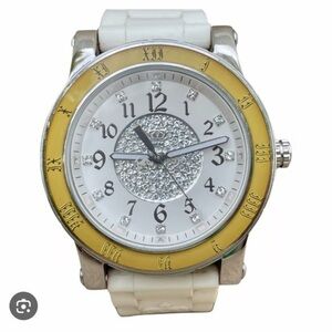 Juicy Couture Ladies Wrist Watch Crystals Accent Face White Rubber Band Quartz